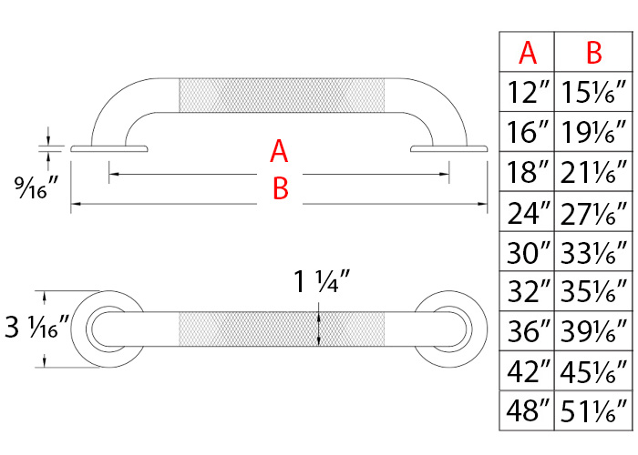 Knurled Stainless Steel Grab Bar 1.25" Bar Diameter